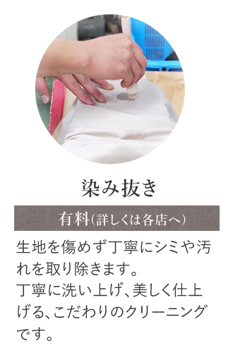 生地を傷めず丁寧にシミや汚れを取り除きます。丁寧に洗い上げ、美しく仕上げる、こだわりのクリーニングです。